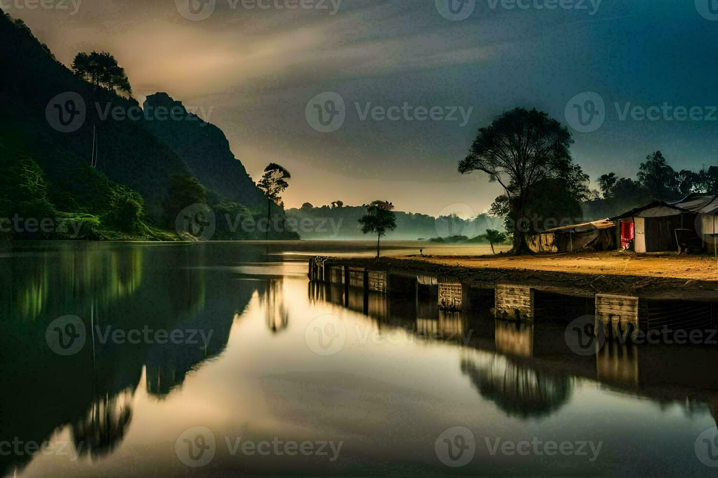 a boat dock sits on the shore of a river. AI-Generated photo