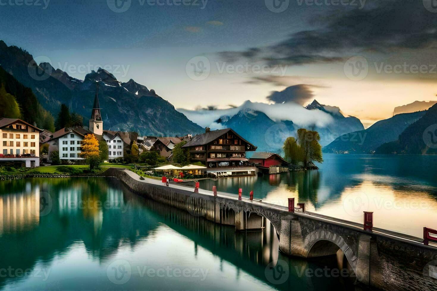 a beautiful lake and town in the mountains. AI-Generated photo