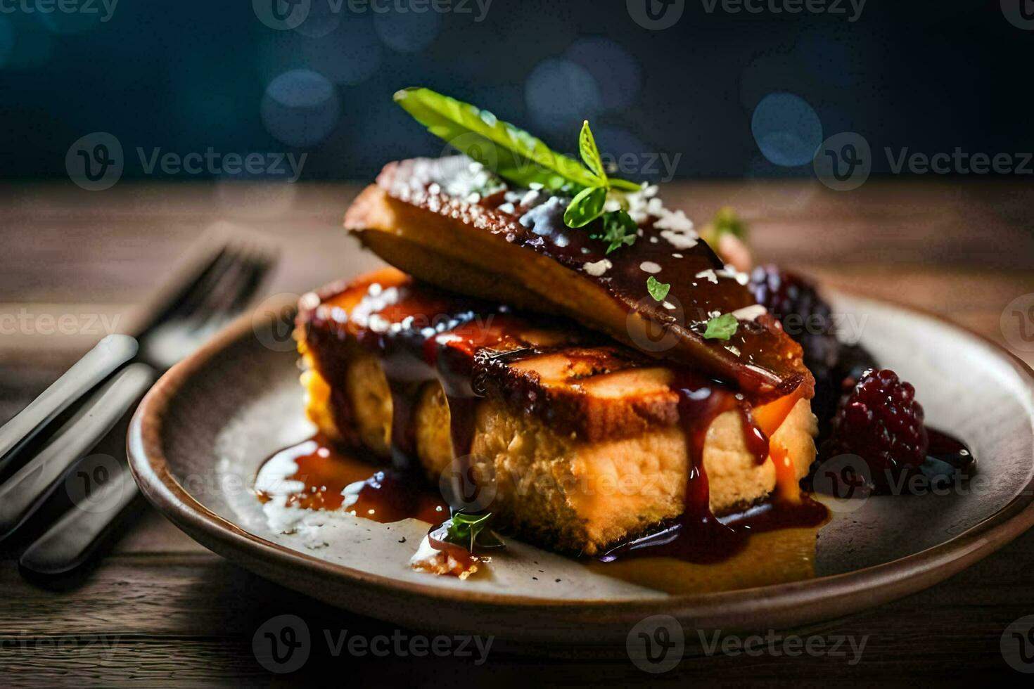 a plate with a grilled piece of meat and berries. AI-Generated photo