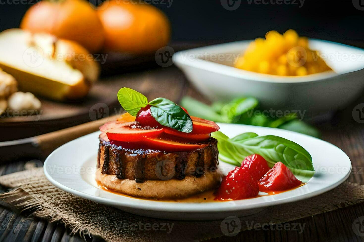 a plate with a piece of meat and vegetables. AI-Generated photo