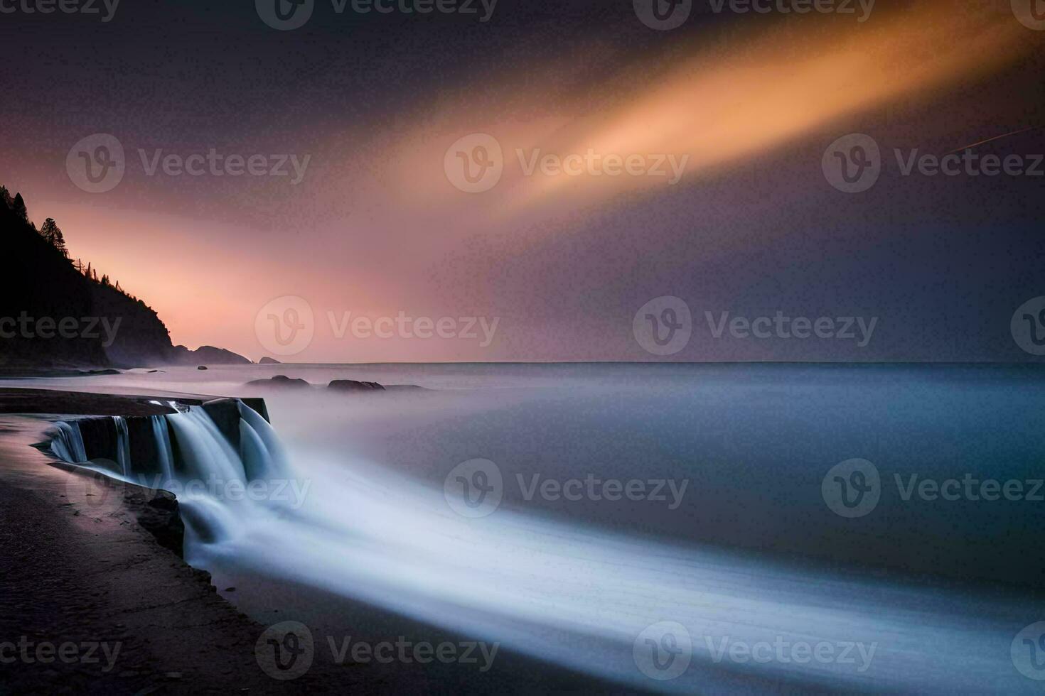 a long exposure photograph of a waterfall on the beach. AI-Generated photo