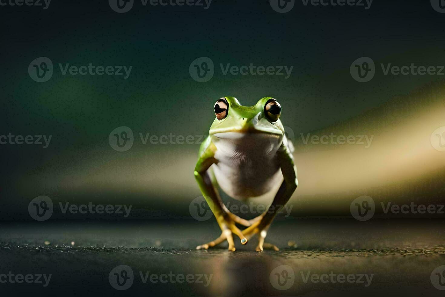 a frog standing on its hind legs with its eyes closed. AI-Generated photo