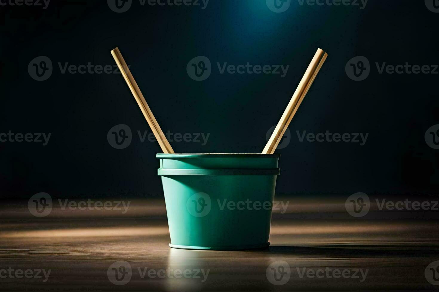 a green bucket with two wooden sticks in it. AI-Generated photo