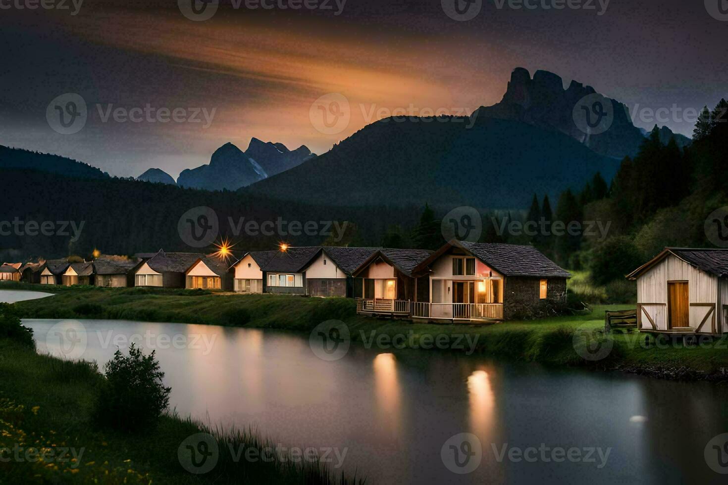 photo wallpaper the sky, mountains, lake, house, the dark, the mountains, the lake. AI-Generated