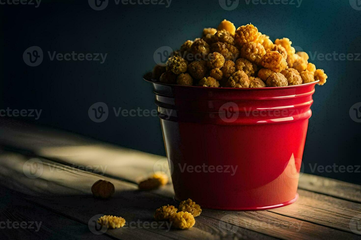 a bucket of popcorn on a wooden table. AI-Generated photo