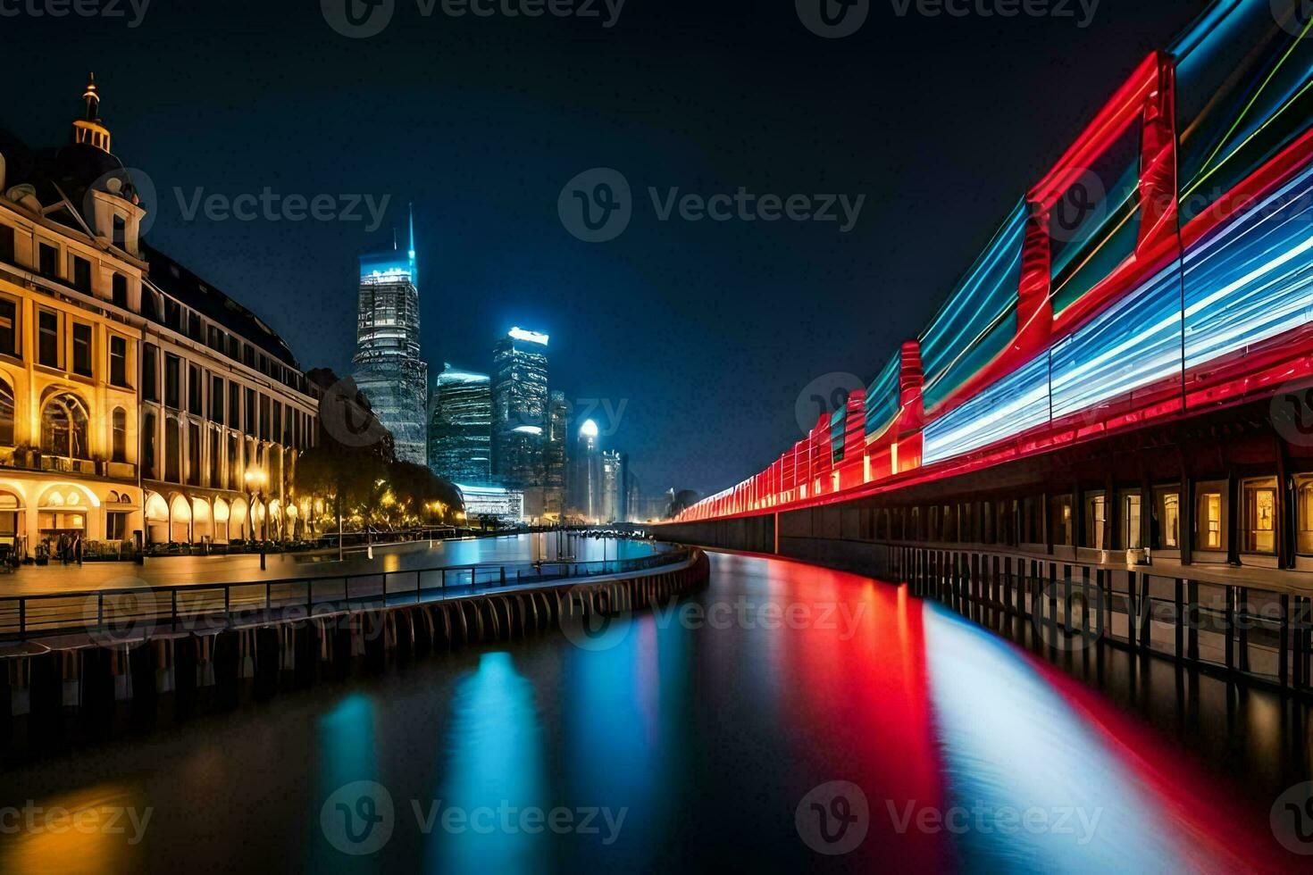 a long exposure photograph of a river and buildings at night. AI-Generated photo