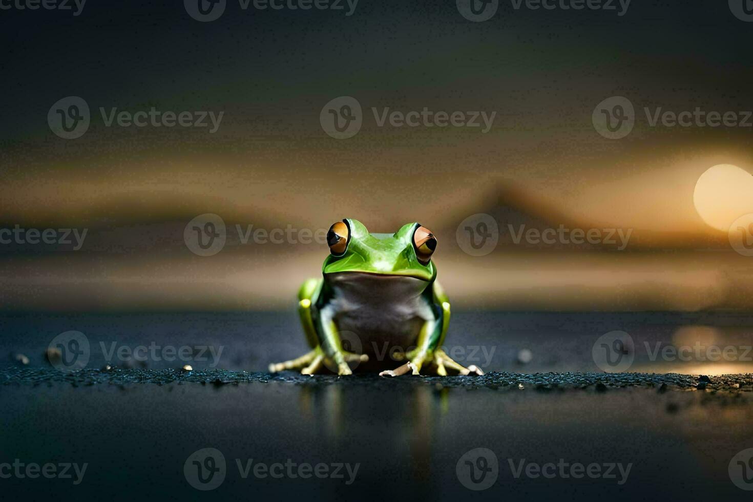 a frog sitting on the ground in front of a full moon. AI-Generated photo