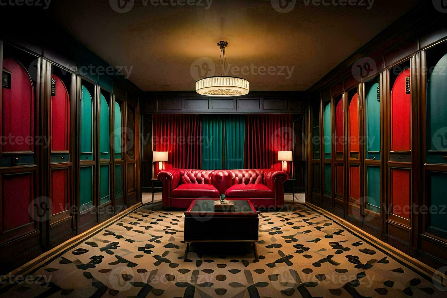 the room has a red couch and a black and red carpet. AI-Generated photo