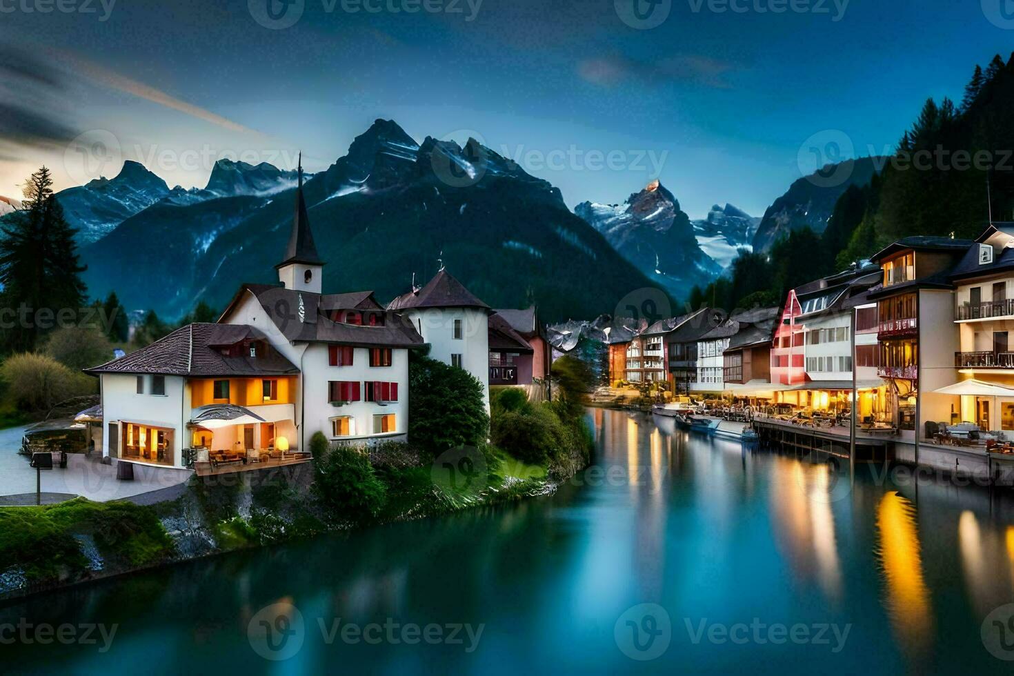 the beautiful town of switzerland at dusk. AI-Generated photo