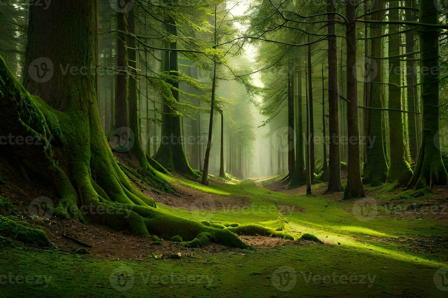 a forest with trees and mossy ground. AI-Generated photo