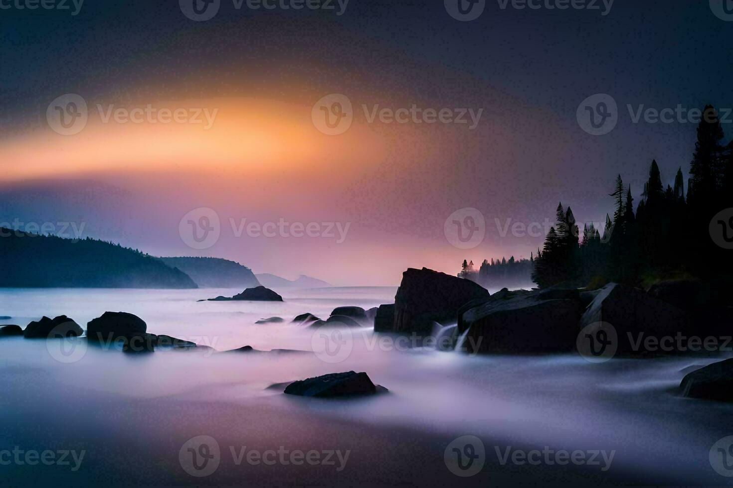 a long exposure photograph of a rocky beach at sunset. AI-Generated photo