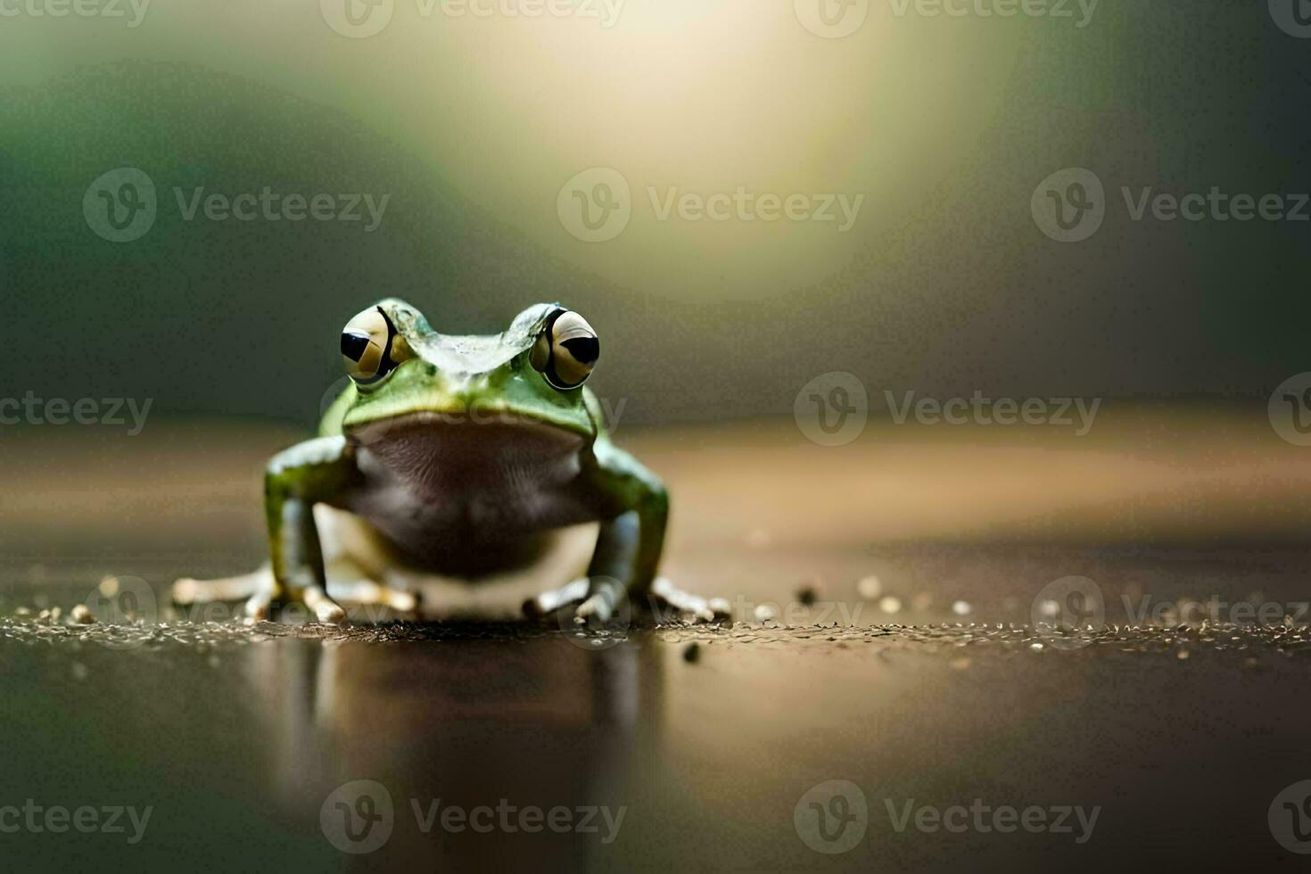 a frog sitting on a wooden floor with a blurry background. AI-Generated photo