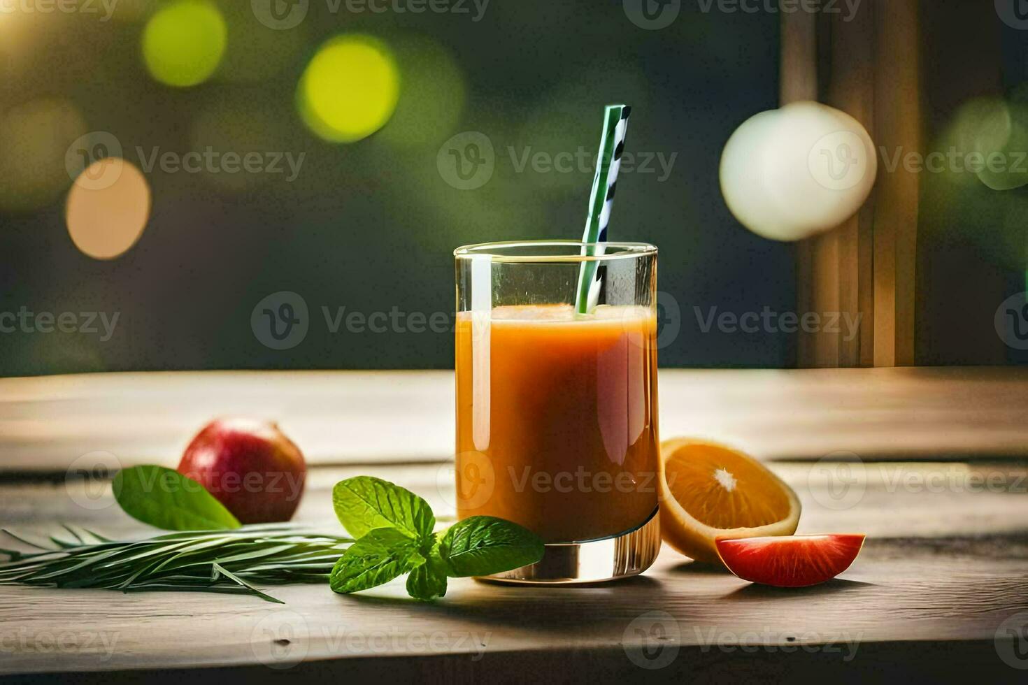 a glass of orange juice with a straw and an apple. AI-Generated photo