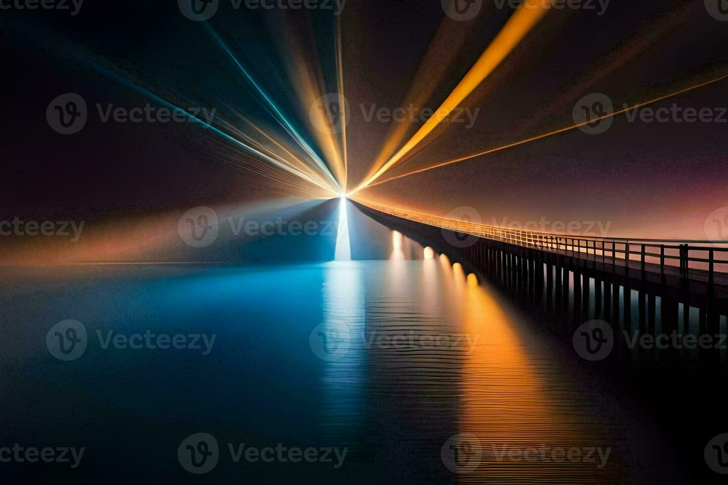 a long bridge with light beams shining on it. AI-Generated photo