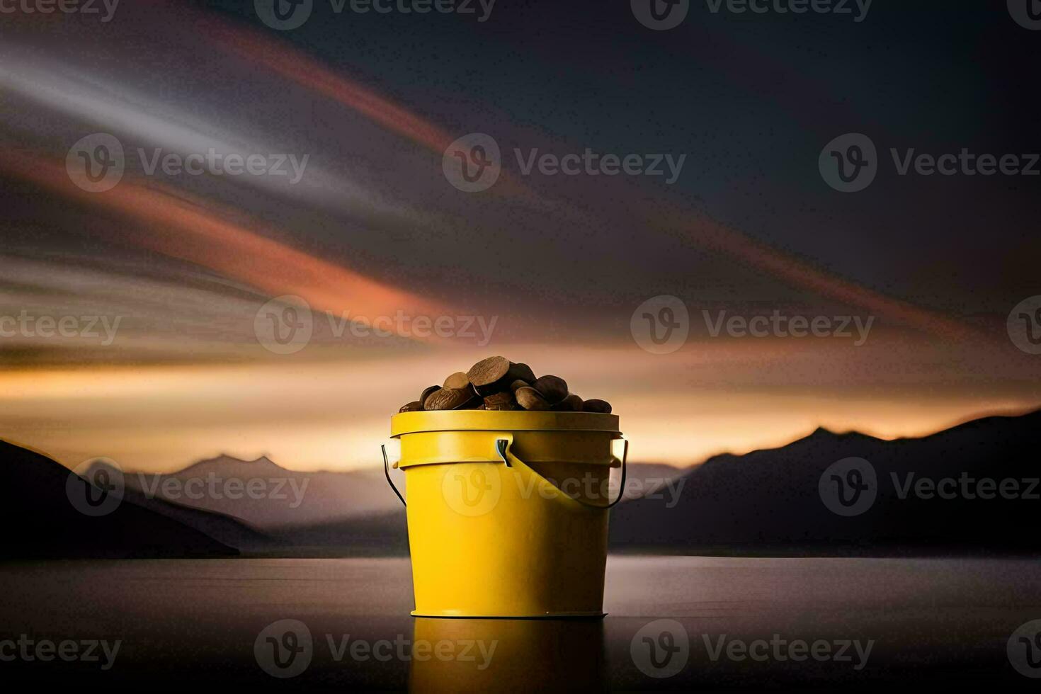 a yellow bucket filled with rocks sitting on a table. AI-Generated photo