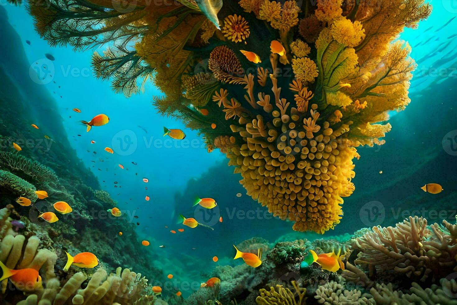 a coral reef with many fish swimming around it. AI-Generated photo
