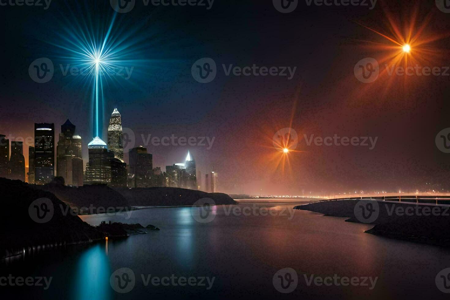 the city lights up at night with a bright star shining. AI-Generated photo