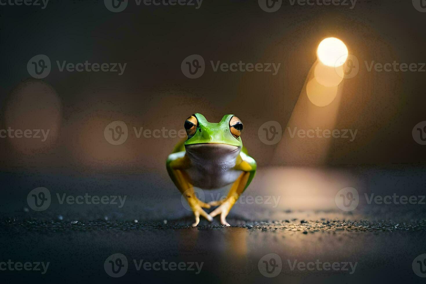 a frog is standing on a wet surface. AI-Generated photo