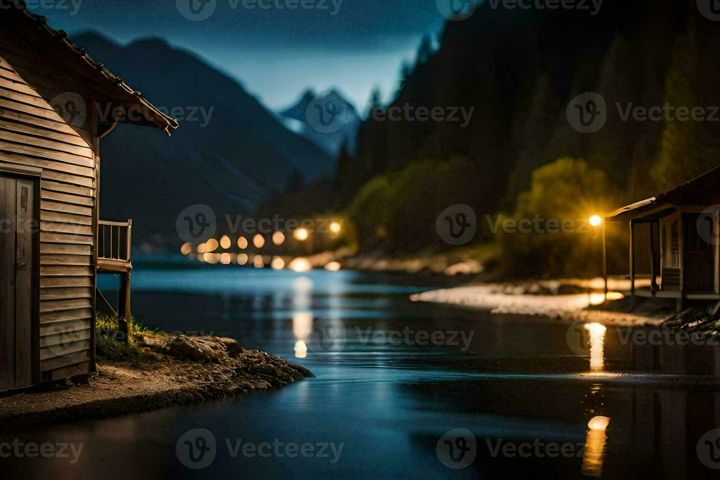 a lake at night with a house and a boat. AI-Generated photo