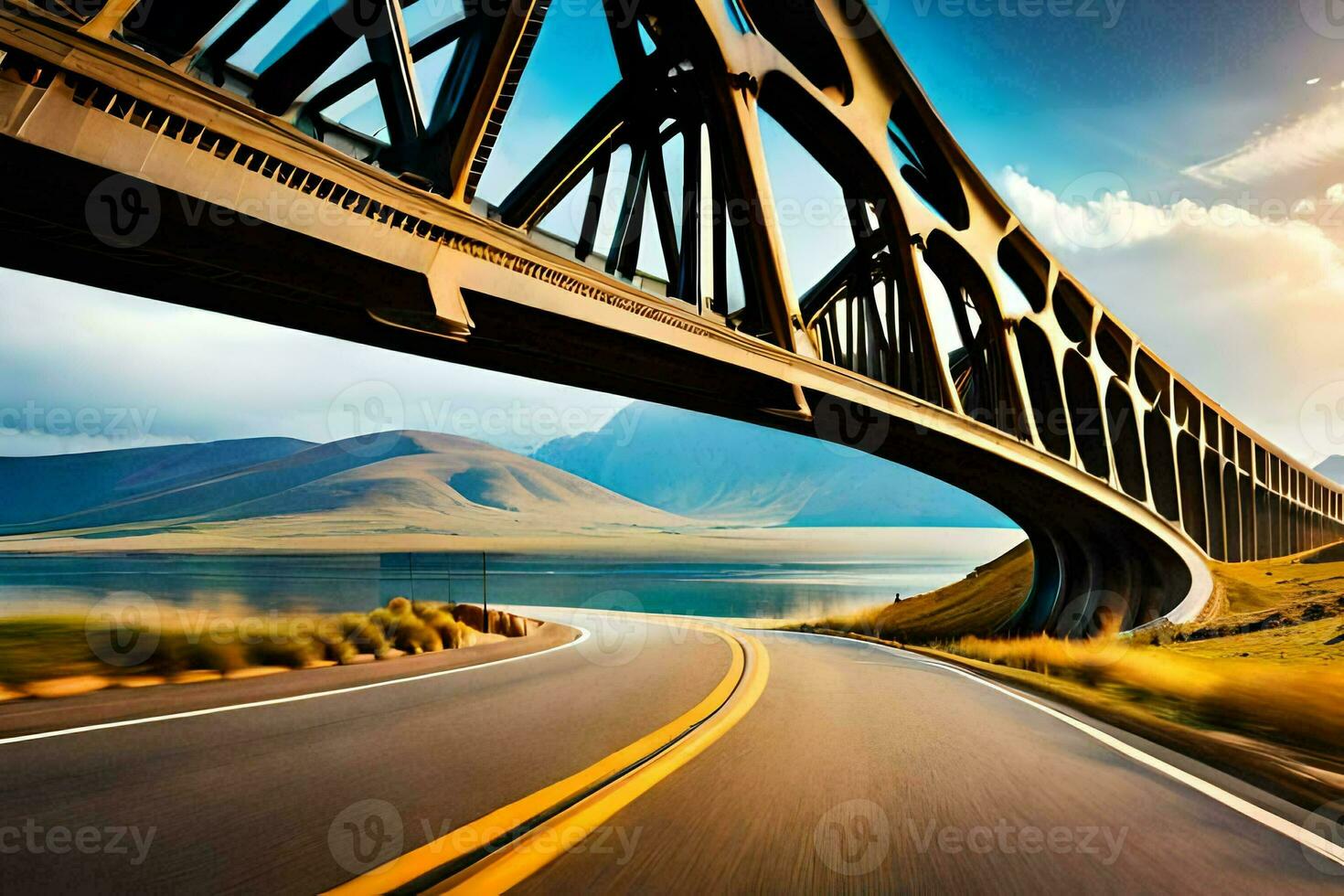 a bridge over a road with mountains in the background. AI-Generated photo
