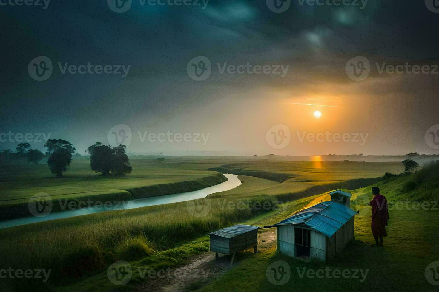 the sun rises over the fields. AI-Generated photo