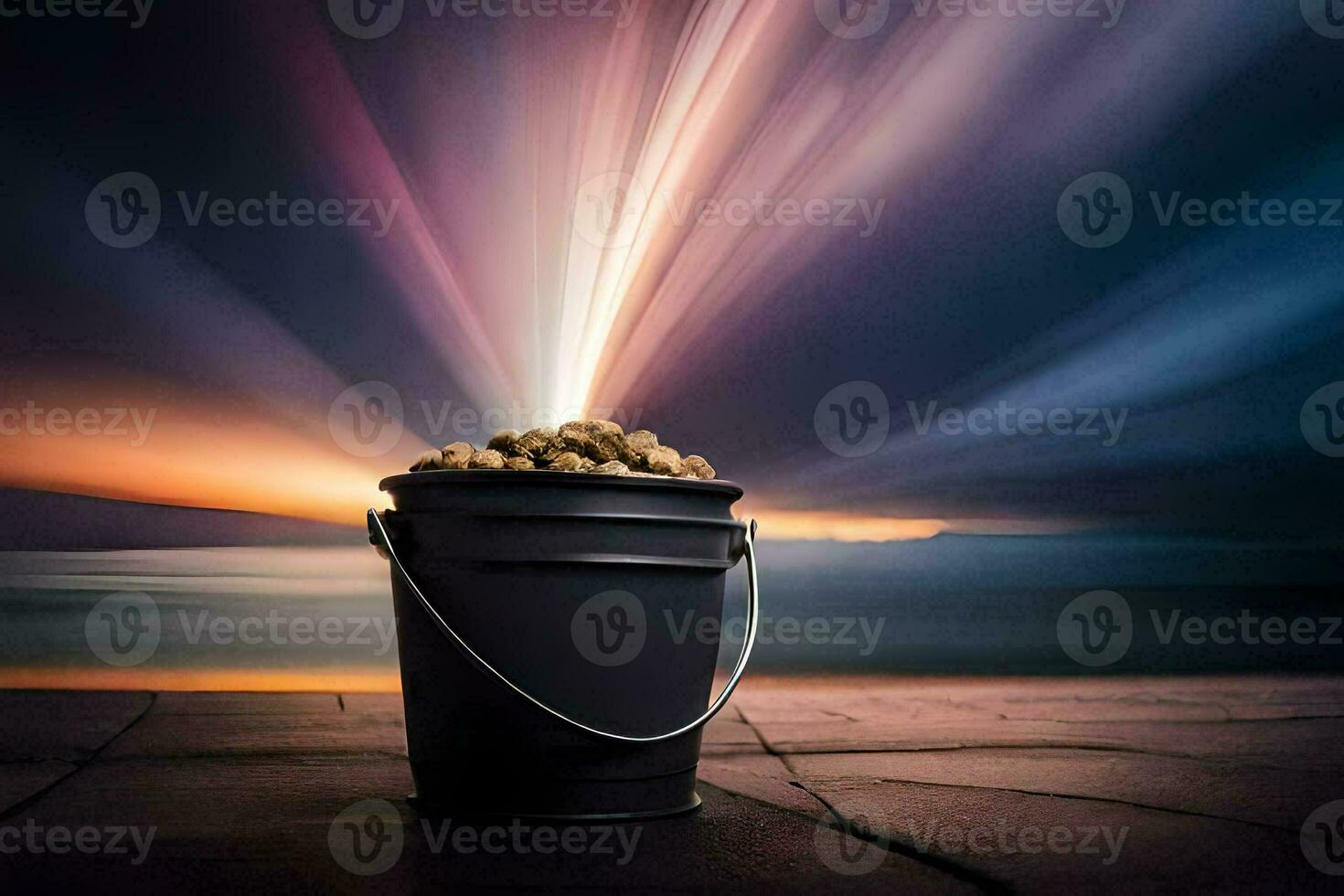 a bucket filled with peanuts on the beach. AI-Generated photo