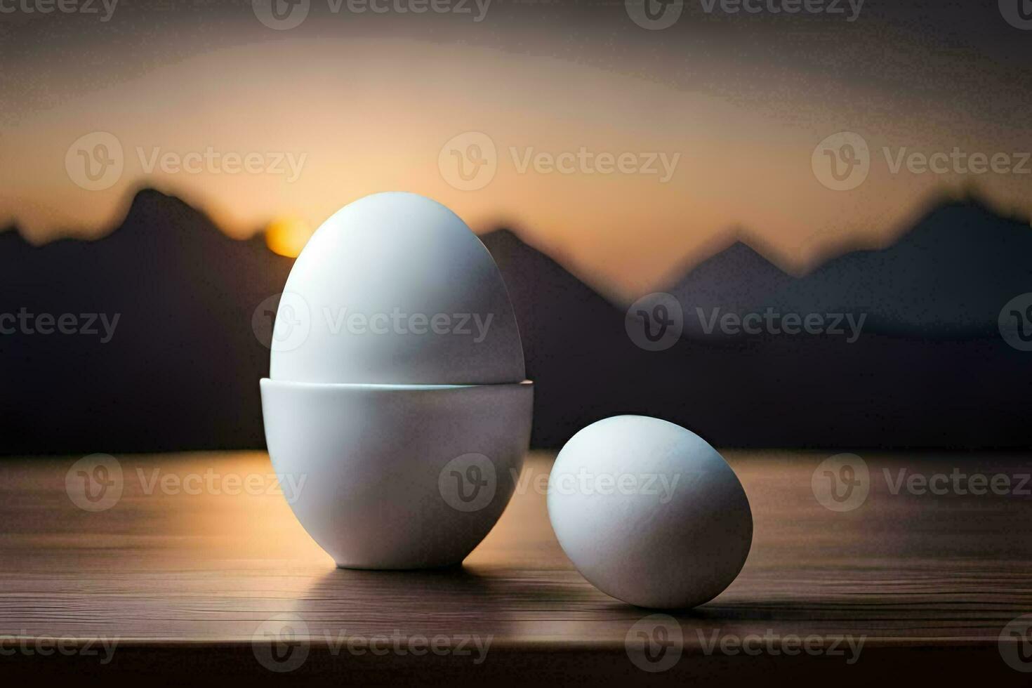 two eggs sit on a table with mountains in the background. AI-Generated photo