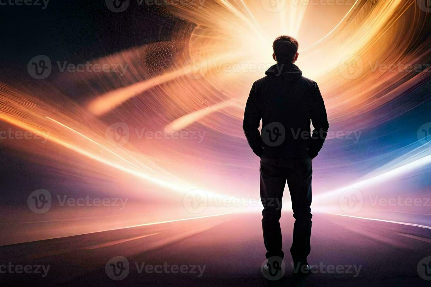 a man standing in front of a bright light. AI-Generated photo