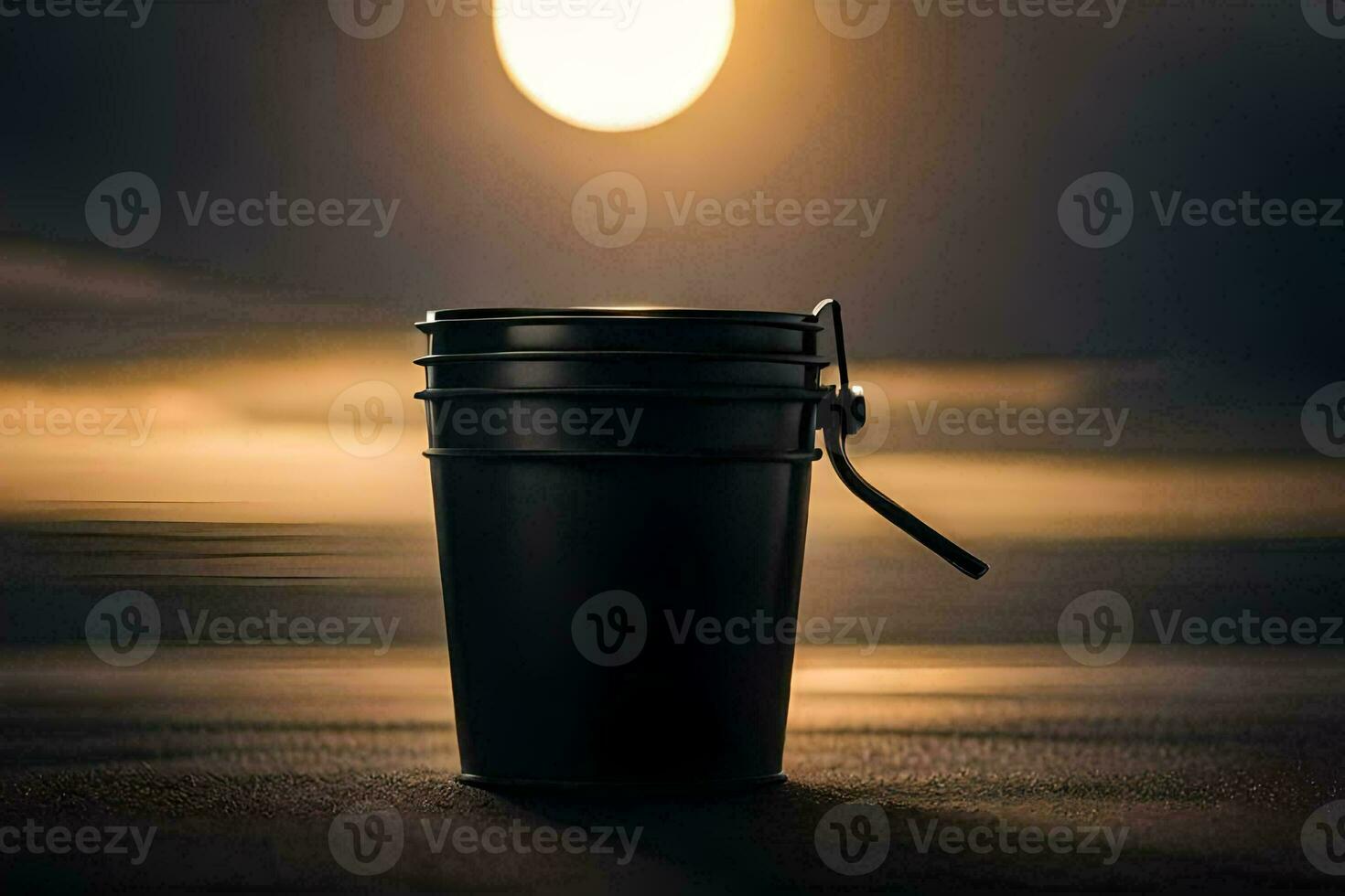 un negro Cubeta sentado en el playa a noche. generado por ai foto