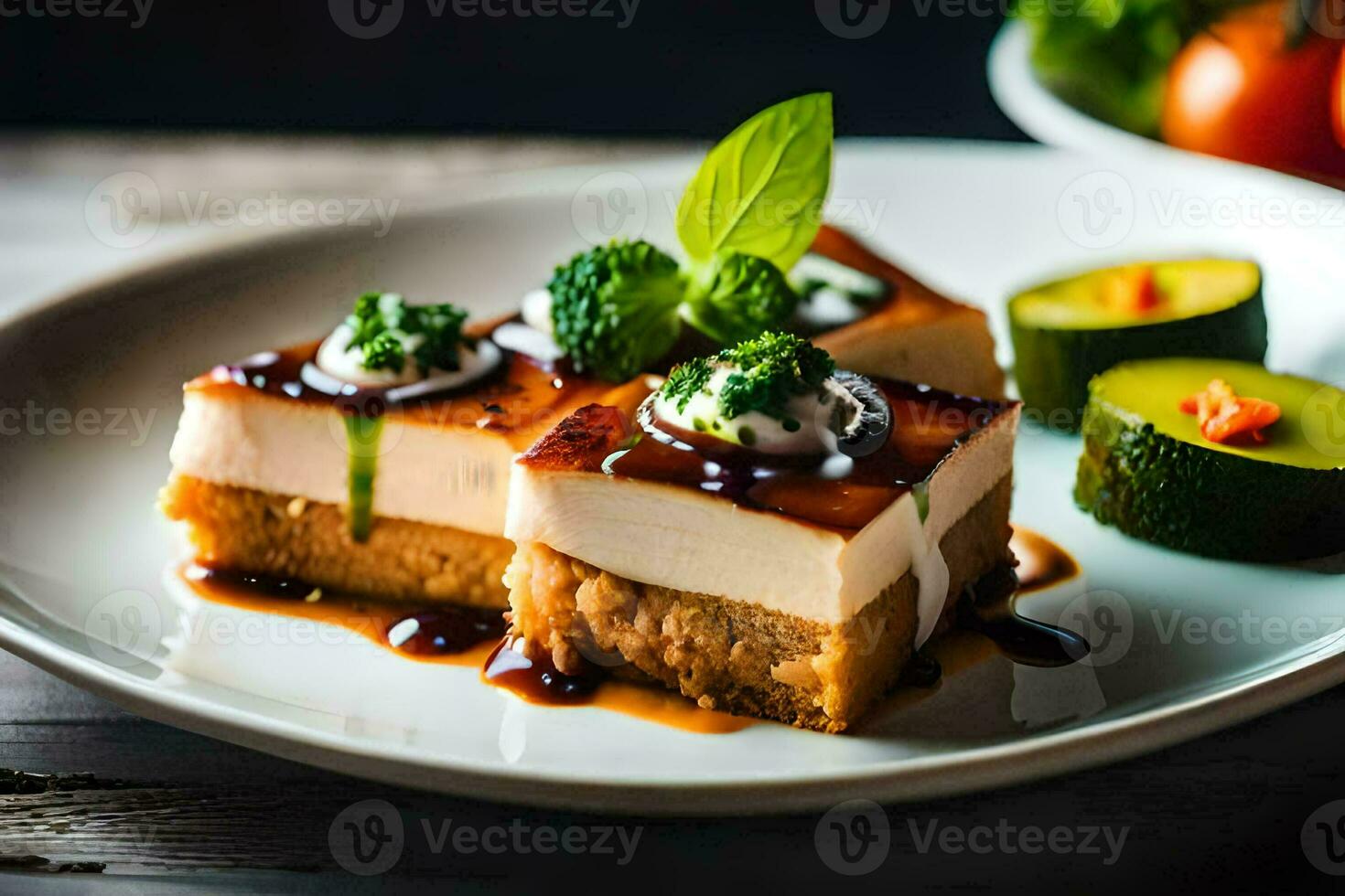 a plate with a slice of cheesecake and vegetables. AI-Generated photo