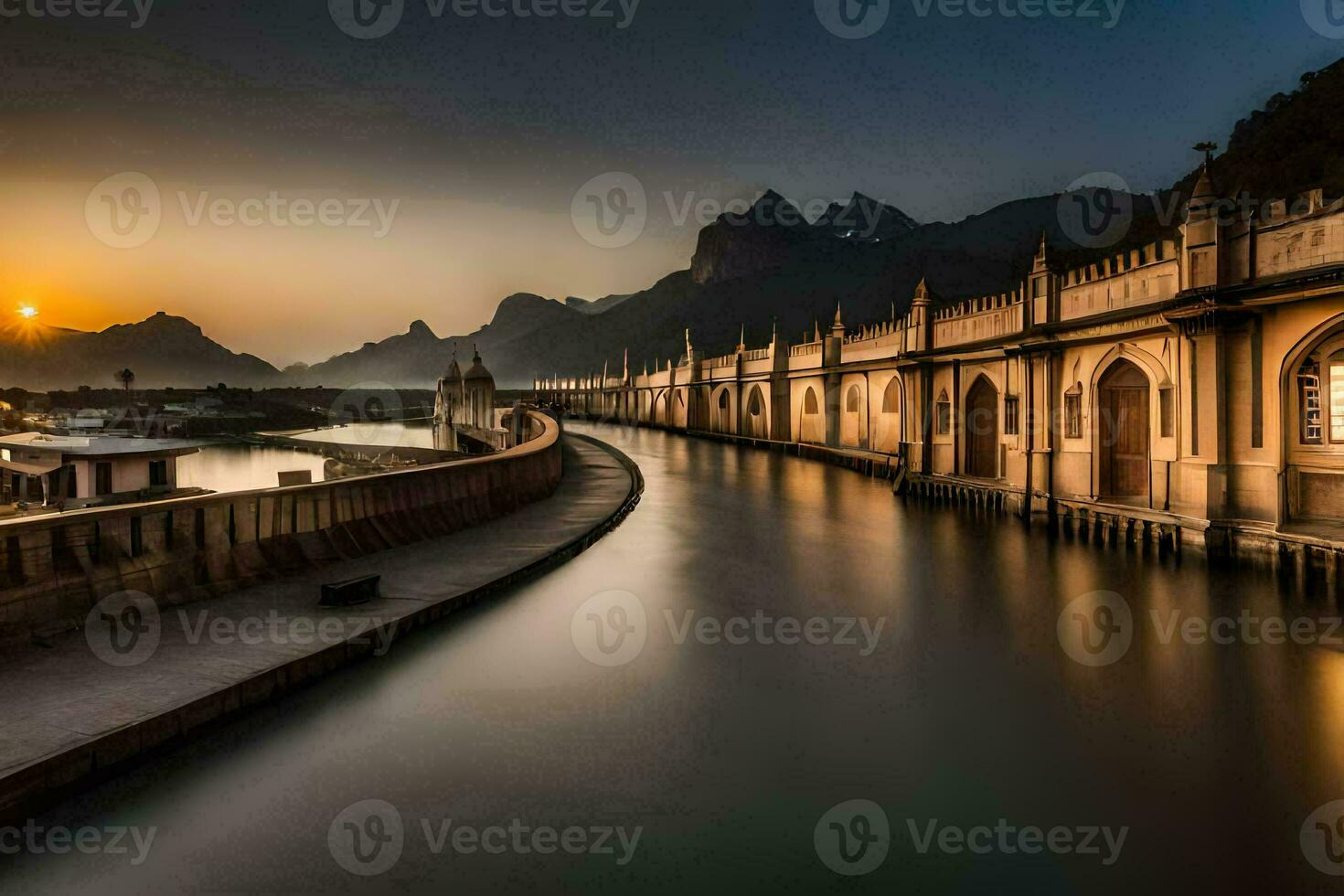 the sun sets over a canal in front of a building. AI-Generated photo