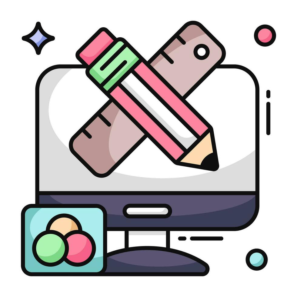 Pencil with scale inside monitor, icon of online stationery vector