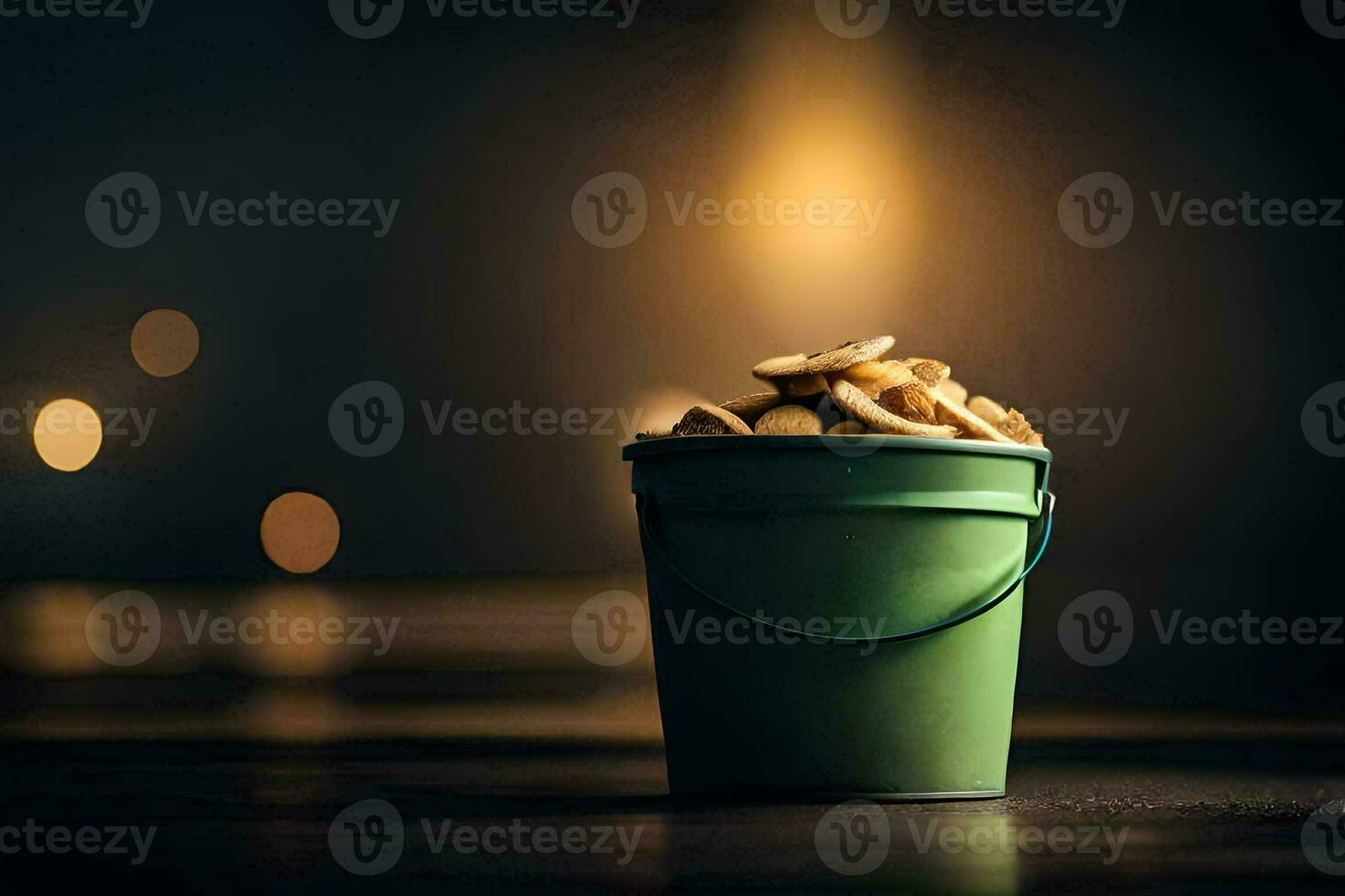 a bucket of peanuts on a table. AI-Generated photo