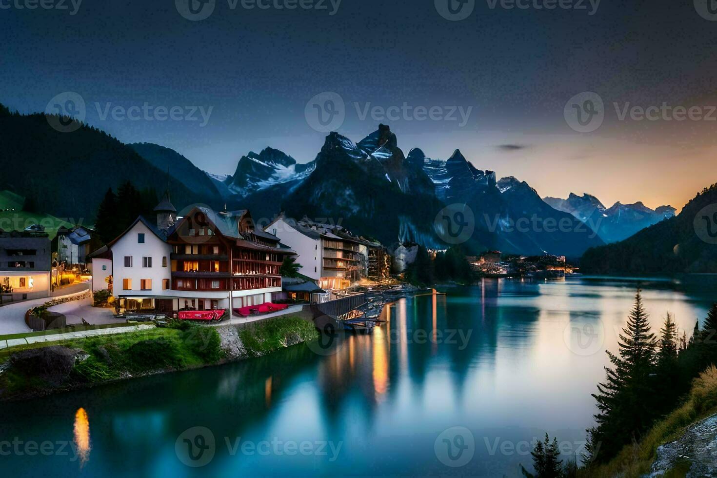 the beautiful town of alps at dusk. AI-Generated photo