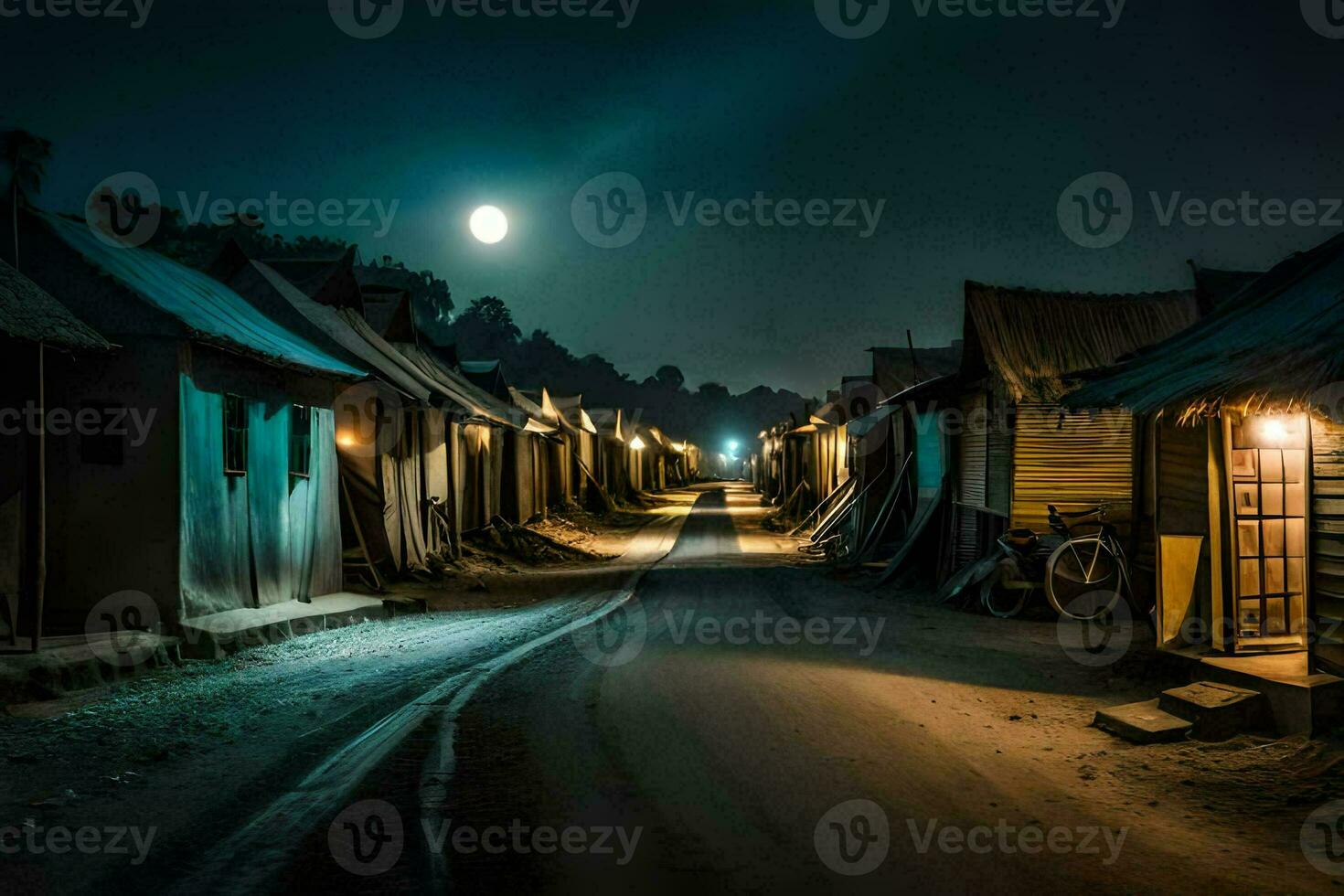 a street at night with houses and a full moon. AI-Generated photo