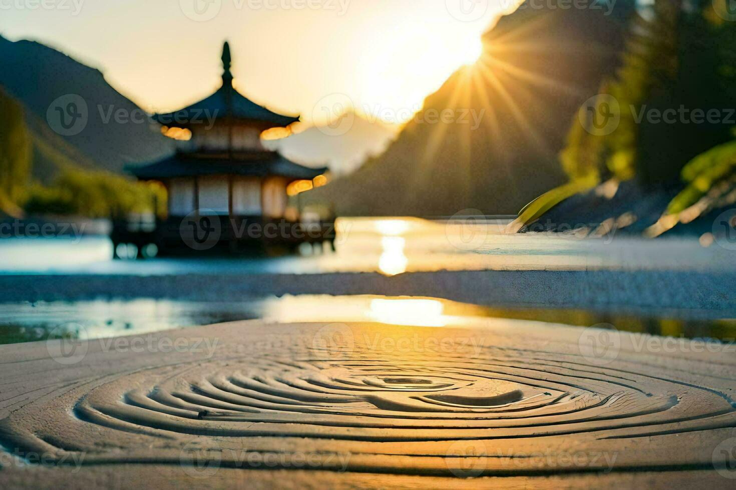 the sun is setting over a sand dune with a pagoda in the background. AI-Generated photo