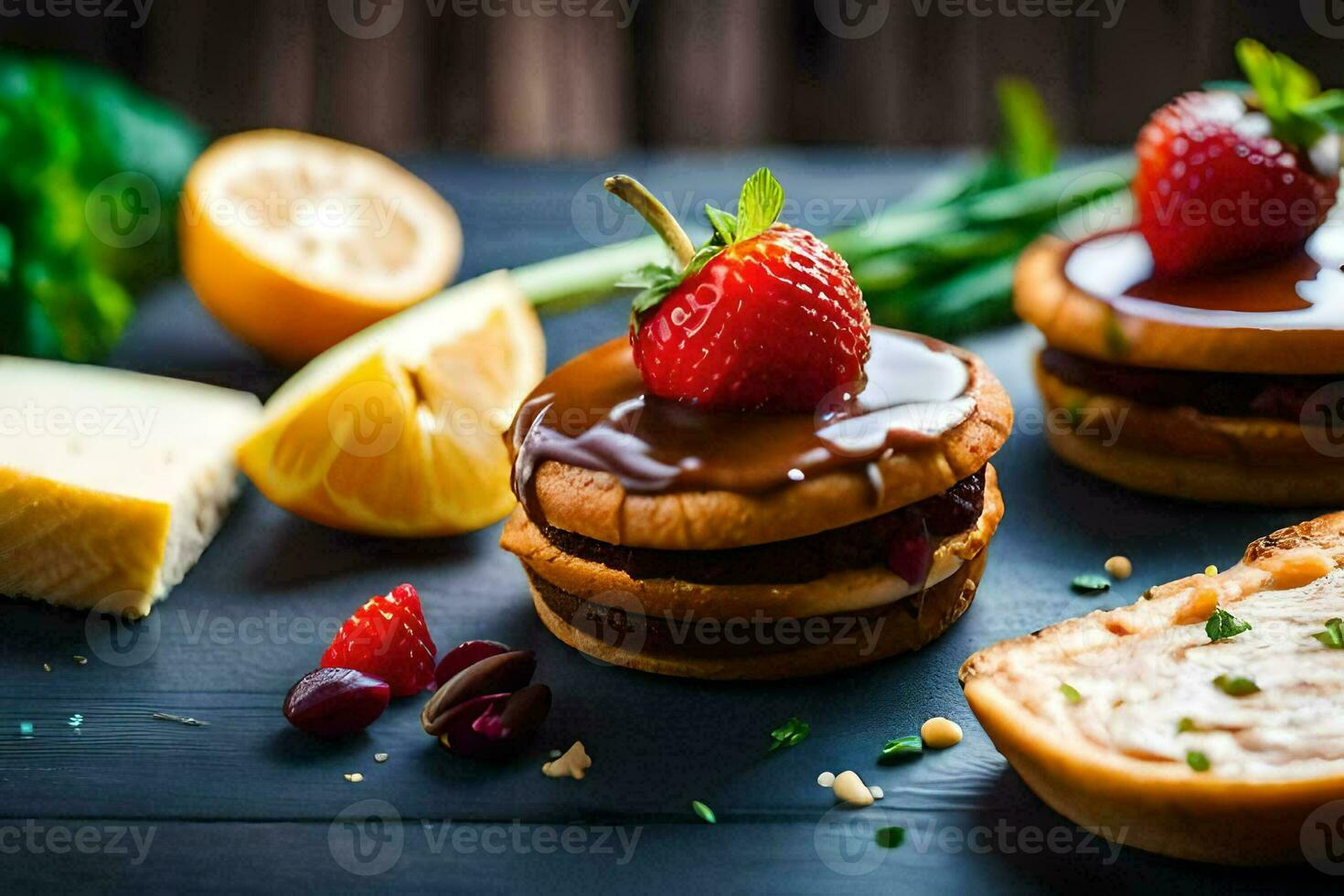 three sandwiches with strawberries and cheese on a table. AI-Generated photo