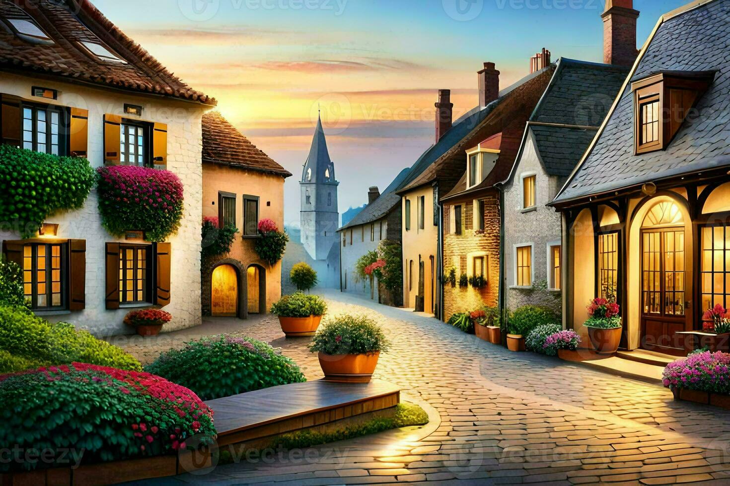 a street in the middle of a village with flowers and houses. AI-Generated photo