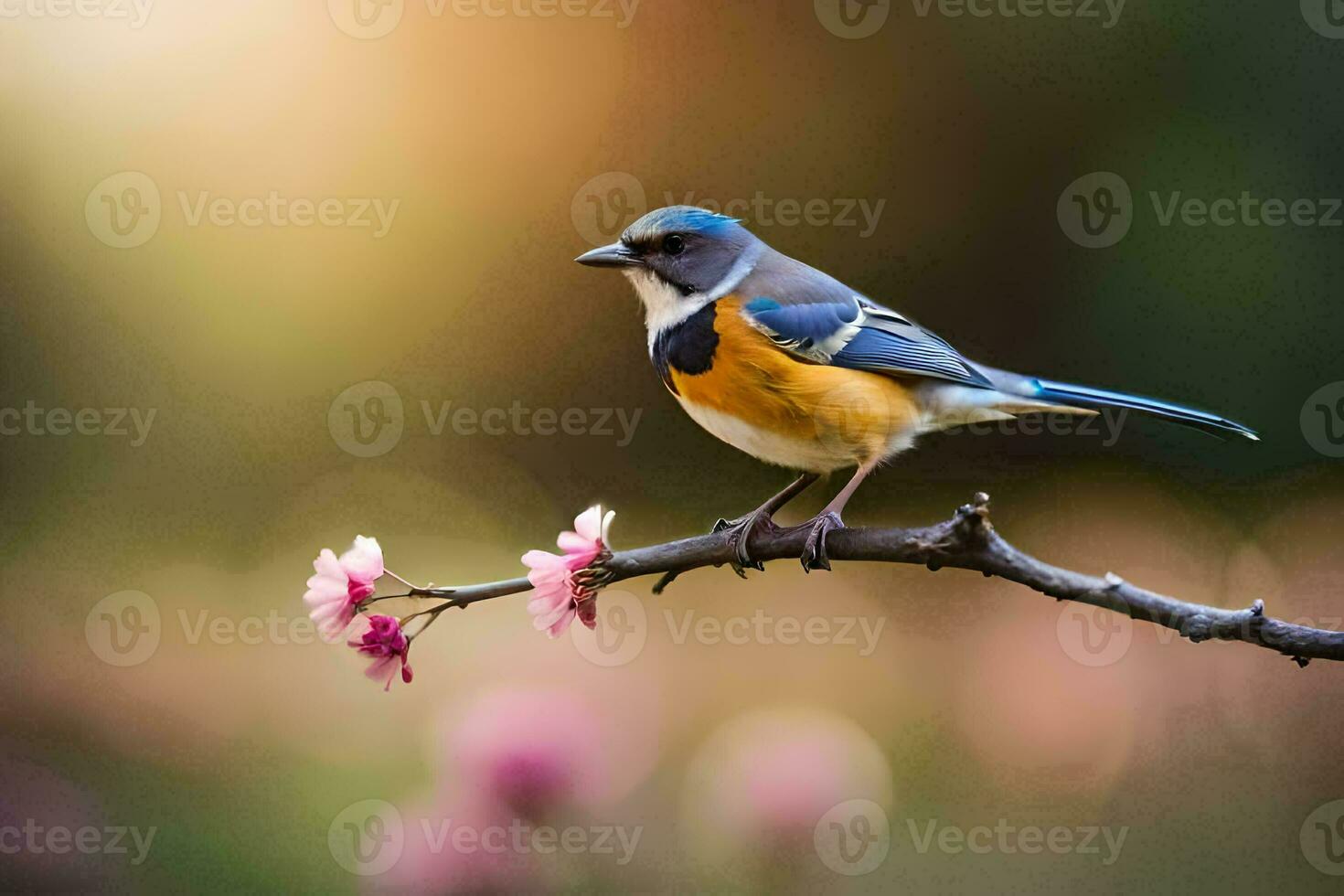 a blue and orange bird sits on a branch with pink flowers. AI-Generated photo