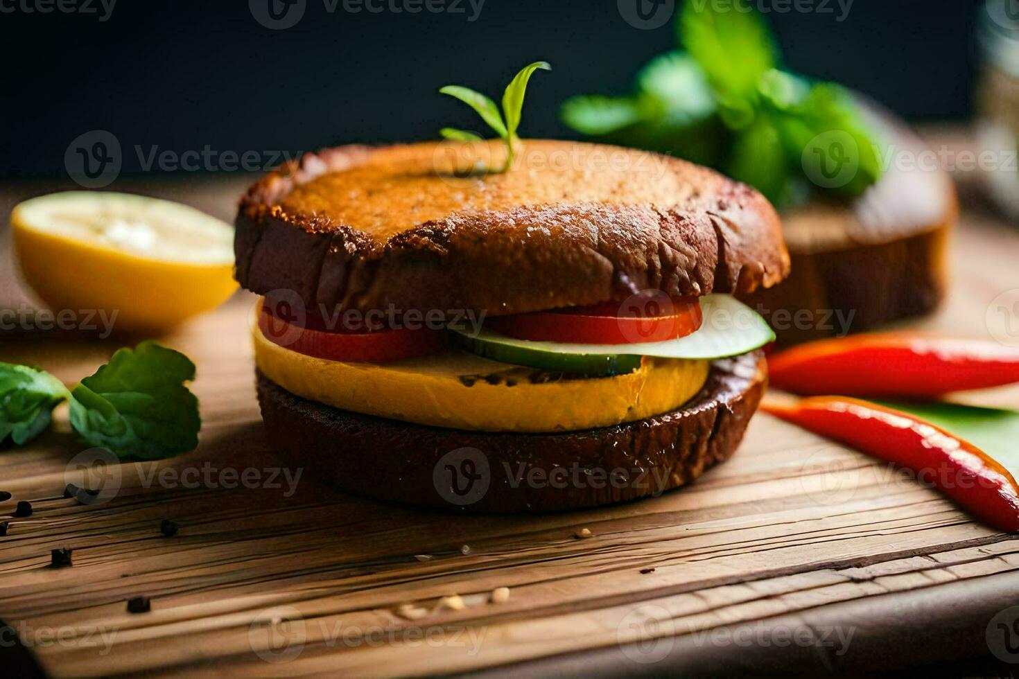 un hamburguesa con vegetales y hierbas en un corte tablero. generado por ai foto