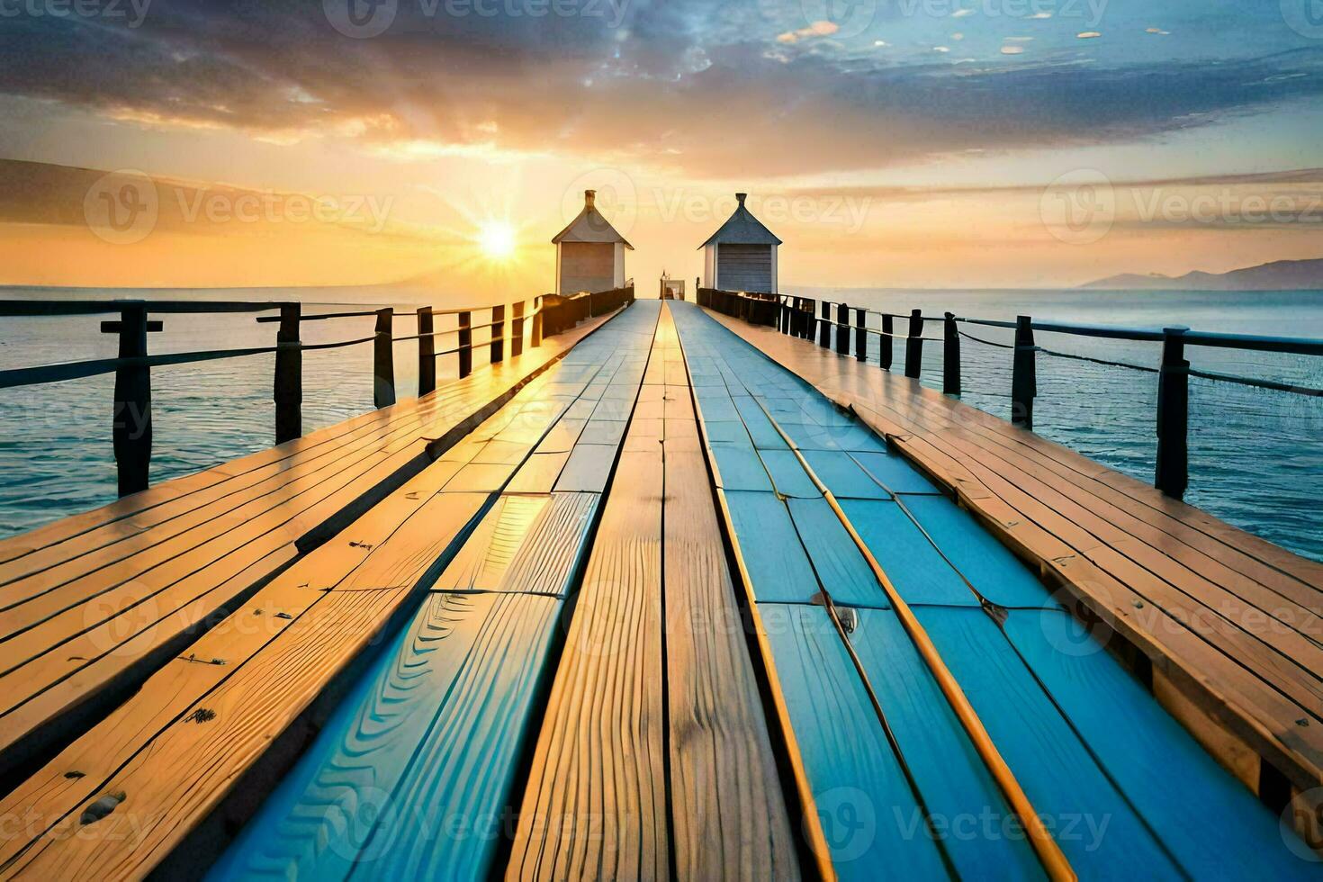 a wooden pier with the sun setting over the ocean. AI-Generated photo