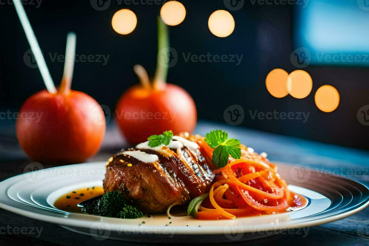 a plate with meat and vegetables on a wooden table. AI-Generated photo