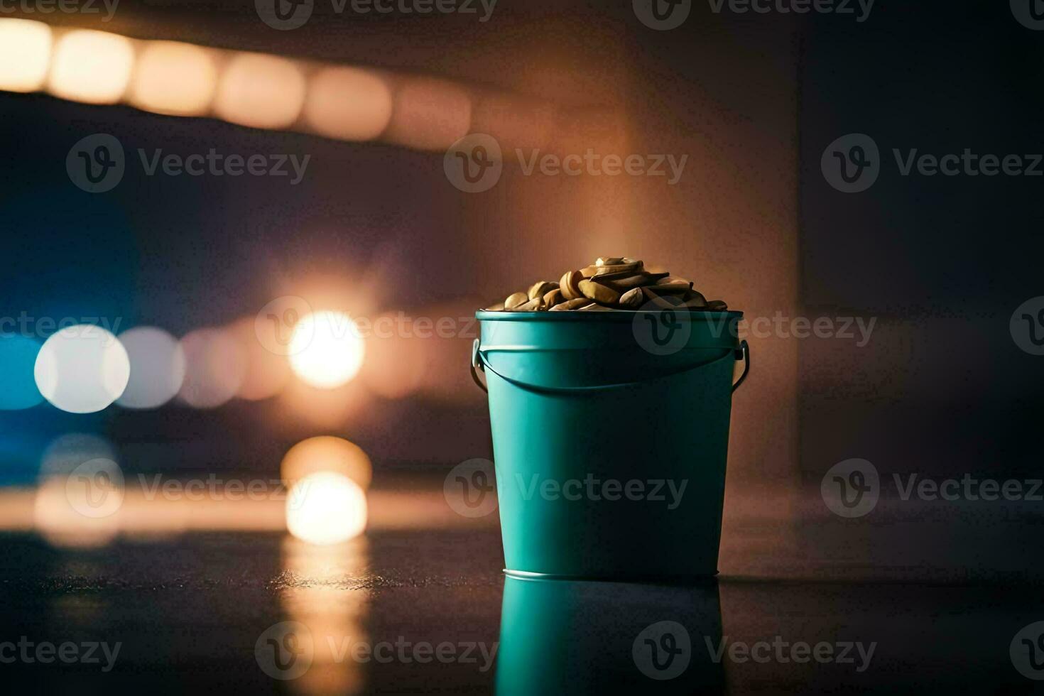 a bucket of gold coins on the floor. AI-Generated photo