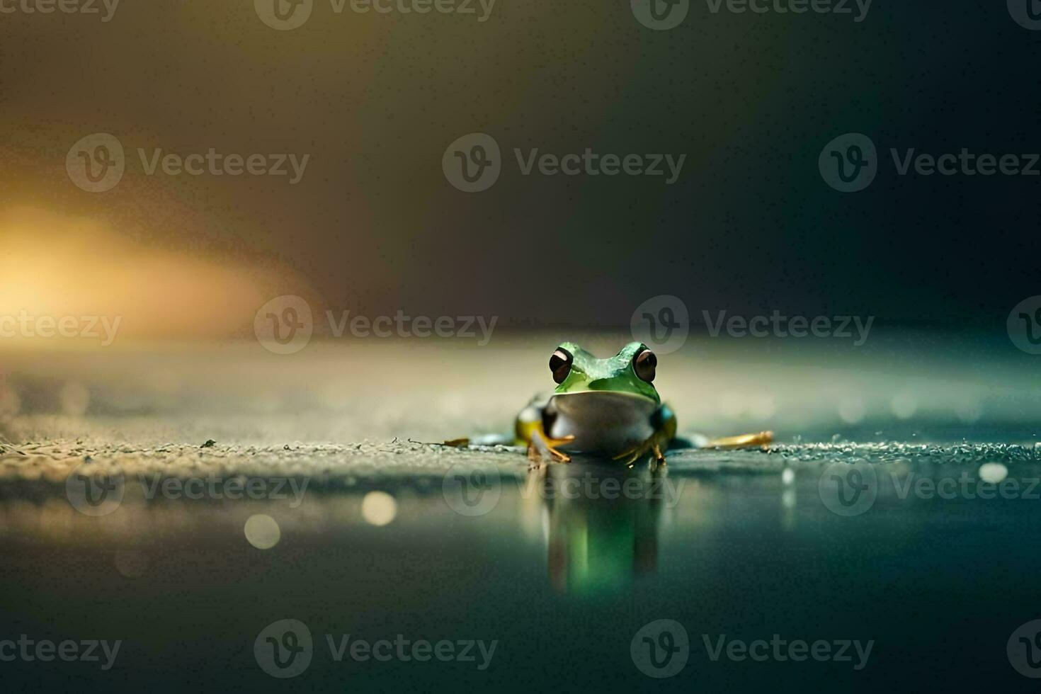a frog sitting on the ground in the water. AI-Generated photo