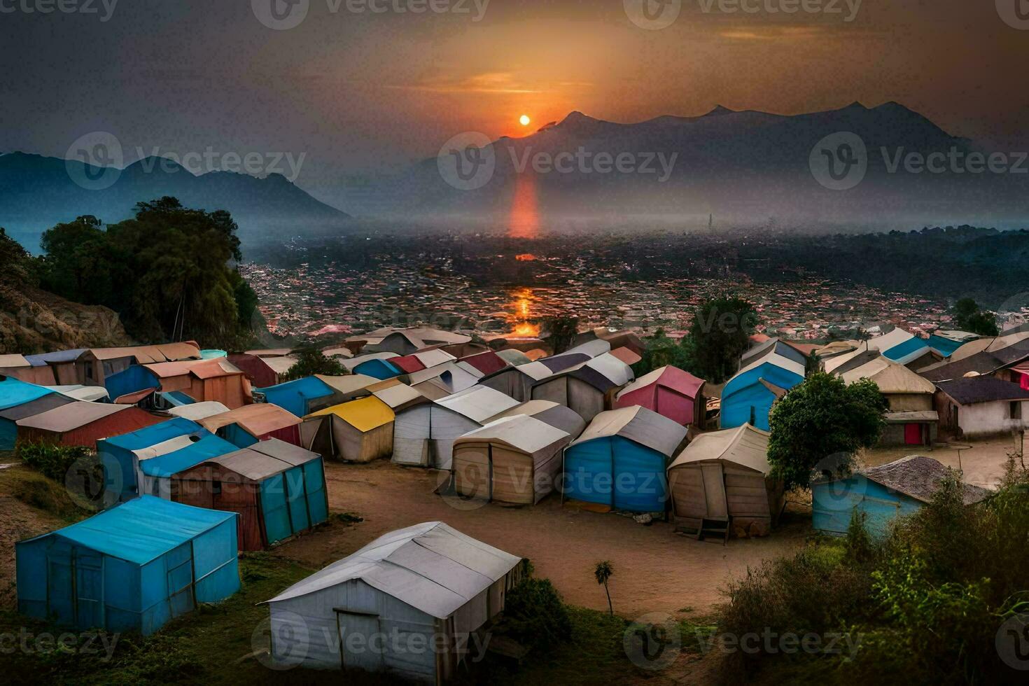 the sun sets over a village of colorful huts. AI-Generated photo