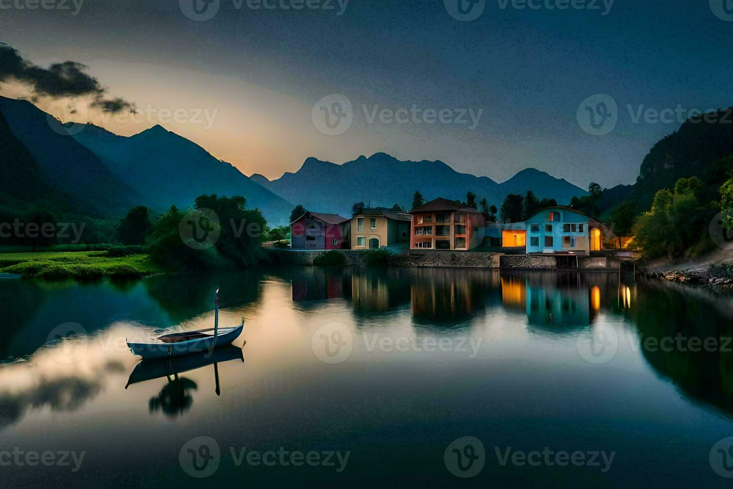 photo wallpaper the sky, mountains, lake, boats, houses, the sky, the mountains,. AI-Generated