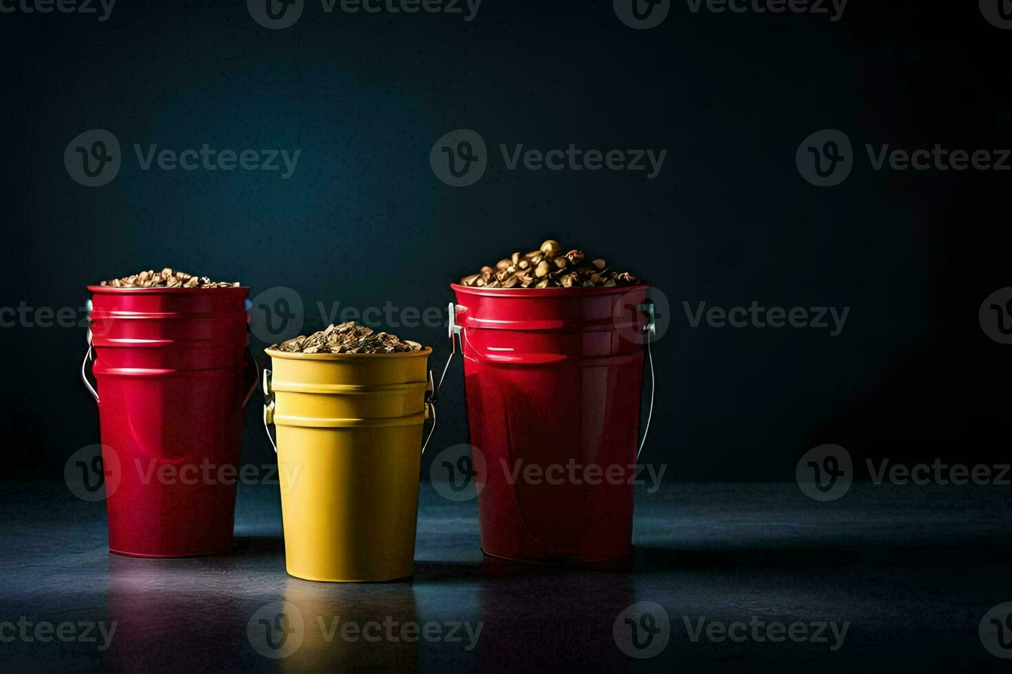 three red buckets with food in them. AI-Generated photo