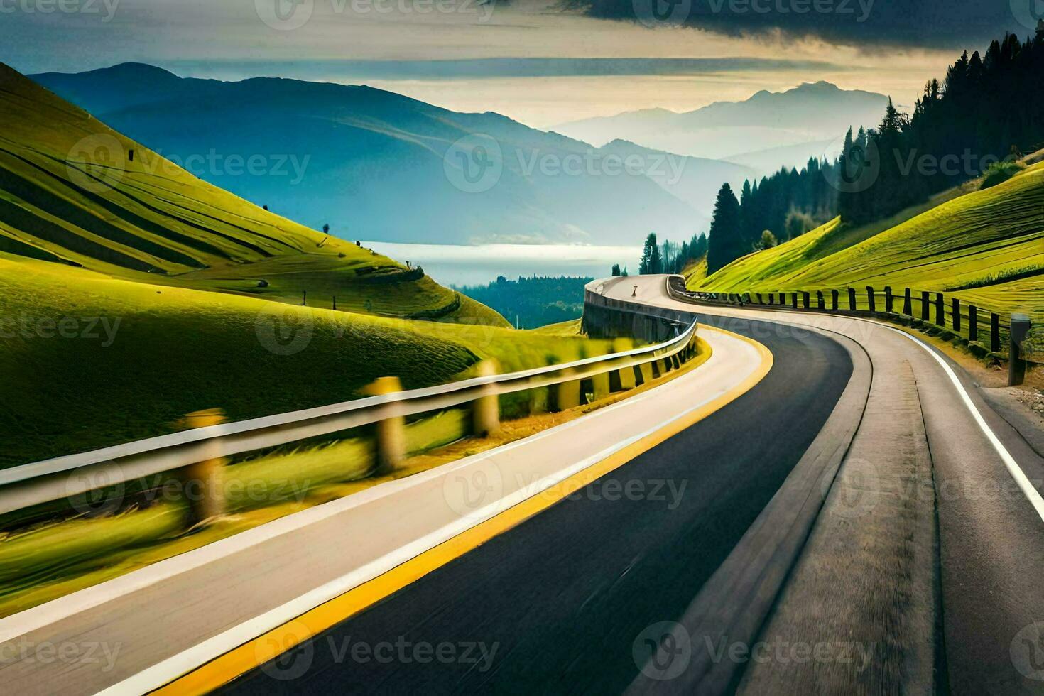 un largo devanado la carretera en el montañas. generado por ai foto
