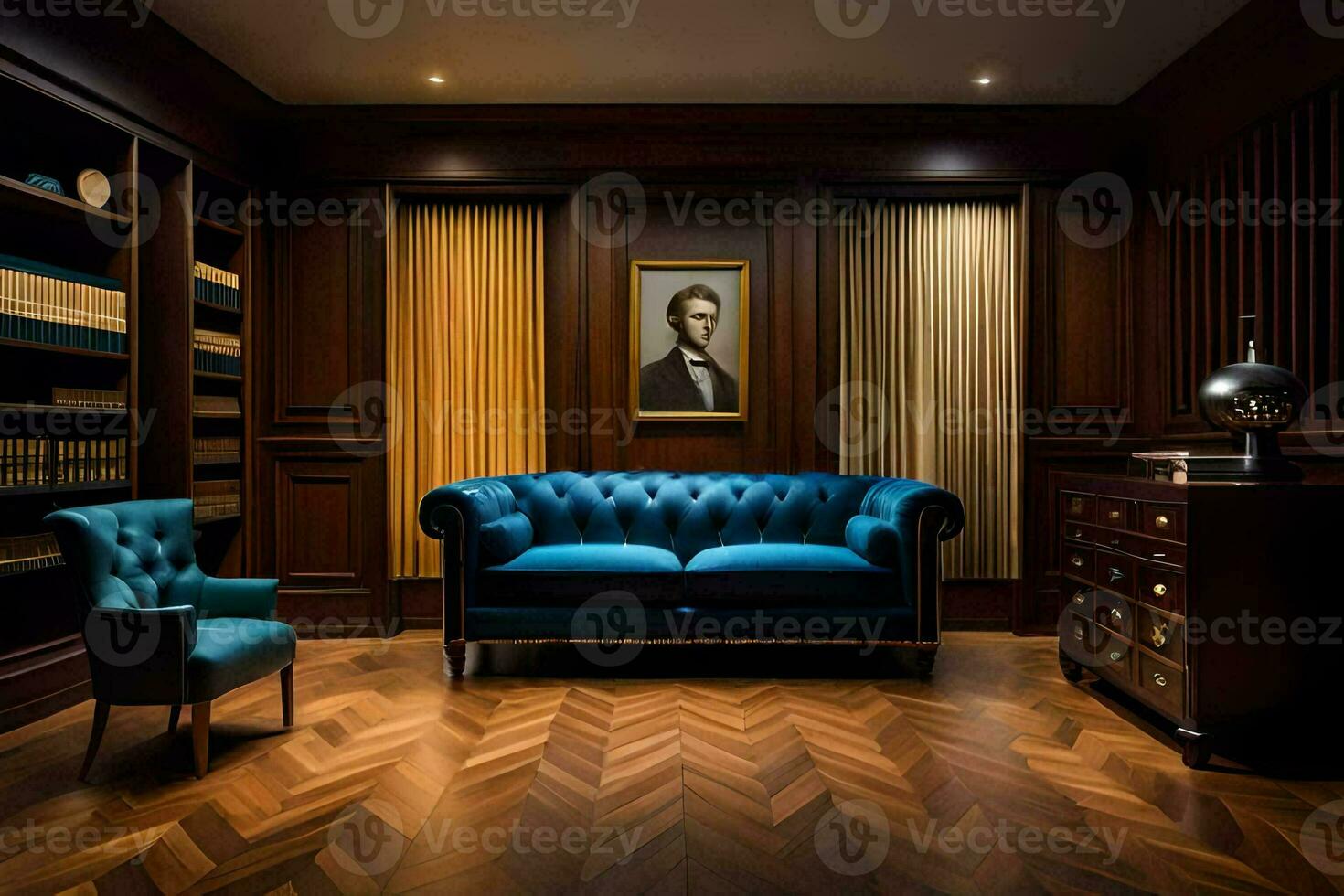 a room with a blue couch and bookshelf. AI-Generated photo