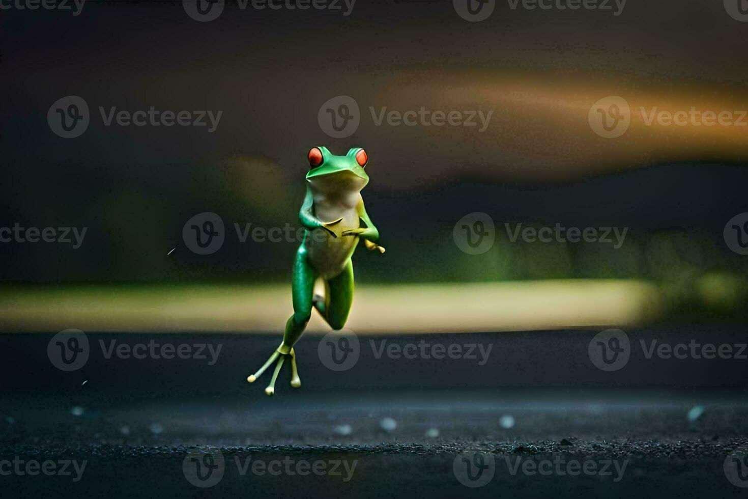 a frog jumping in the air on a dark road. AI-Generated photo